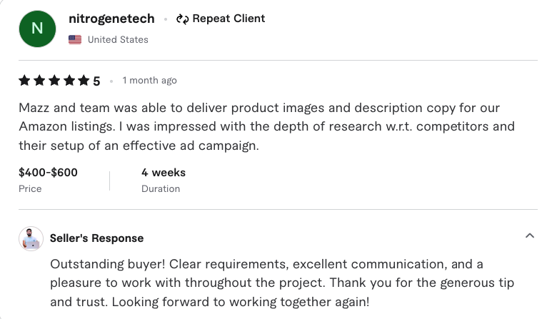 Fiverr 5 star review from nitrogenetech about listing images and ads