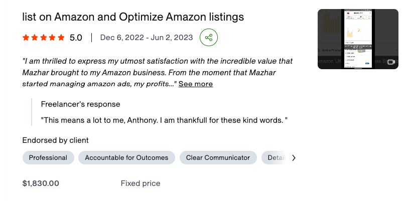 Upwork review about listing on Amazon and optimizing listings, 5.0 rating