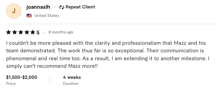 Fiverr 5 star review from joannaslh about clarity and professionalism