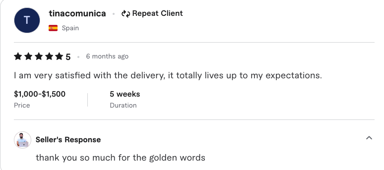 Fiverr 5 star review from tinacomunica about delivery quality