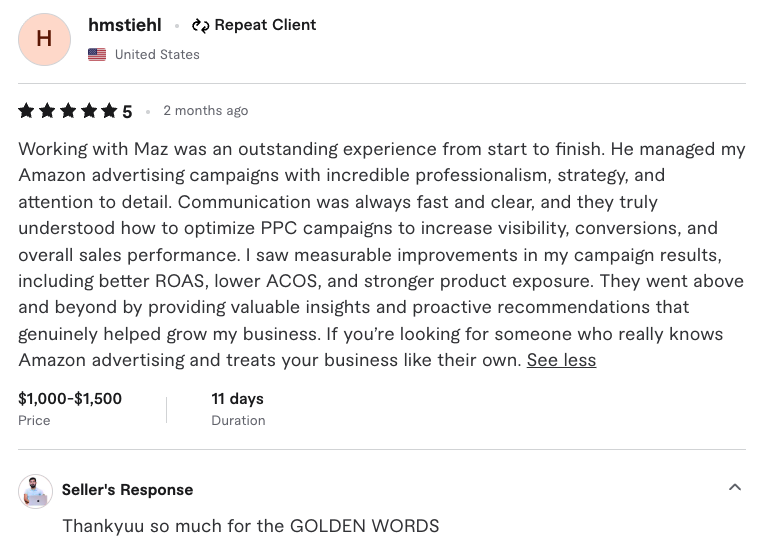 Fiverr 5 star review from hmstiehl about better ROAS and lower ACOS