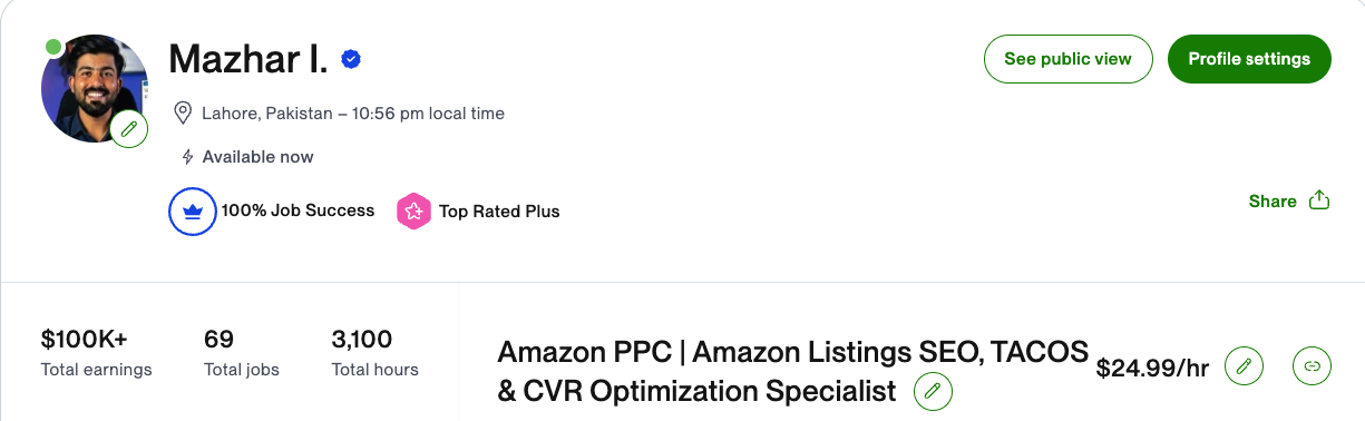 Upwork profile of founder Mazhar I. showing Top Rated Plus, 100% Job Success, $100K+ total earnings, 69 jobs and 3,100 hours